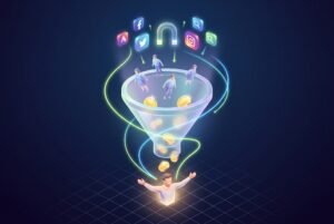 Funil de marketing atraindo clientes a partir de anúncios em redes sociais e busca