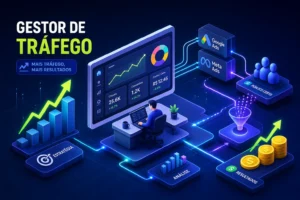 Gestor de tráfego analisando dashboard com métricas de Google Ads e Meta Ads