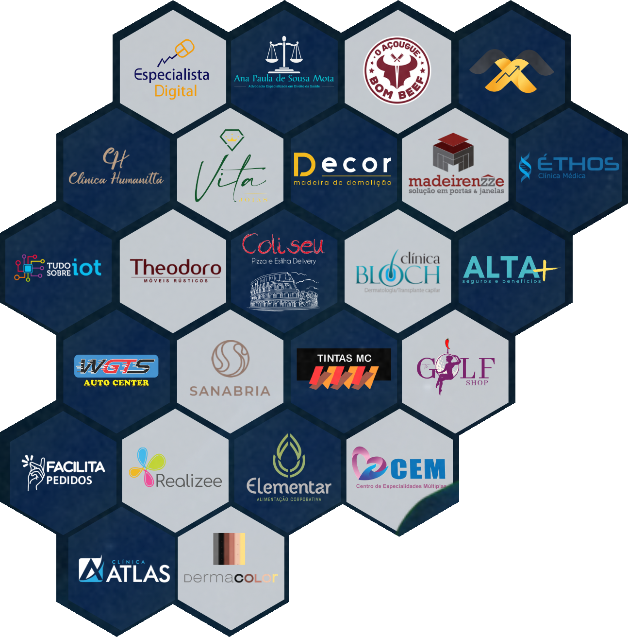 Logotipos de clientes atendidos por Felipe Alves: Especialista Digital, Ana Paula de Sousa Mota Advocacia, Açougue Bom Beef, Clínica Humanittá, Vita Joias, Decor Madeira de Demolição, Madeirenzze, Éthos Clínica Médica, Tudo sobre IoT, Theodoro Móveis Rústicos, Coliseu Pizza e Esfiha, Clínica Bloch, ALTA+ Seguros e Benefícios, WGTS Auto Center, Sanabria, Tintas MC, The Golf Shop, Facilita Pedidos, Realizee, Elementar Alimentação Corporativa, CEM Centro de Especialidades Múltiplas, Clínica Atlas e Dermacolor