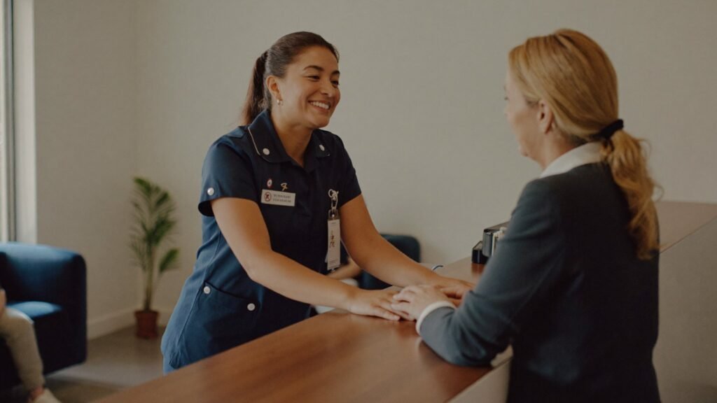 Recepcionista atendendo uma paciente no balcao da clinica