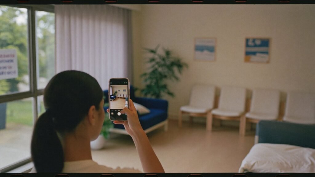 Colaboradora fotografando a recepcao da clinica para as redes