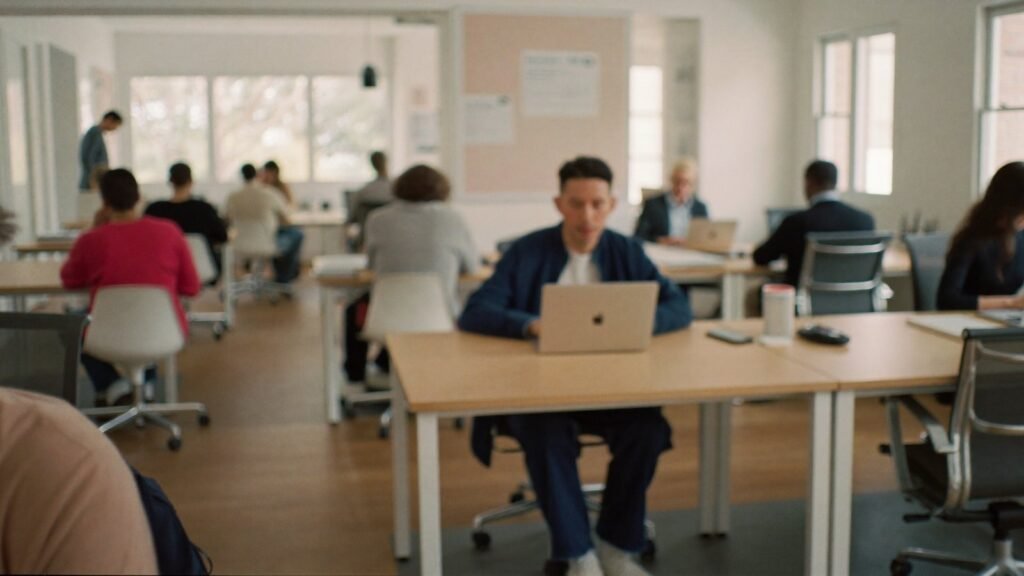 Espaco de coworking com profissionais de marketing trabalhando