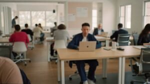 Espaco de coworking com profissionais de marketing trabalhando