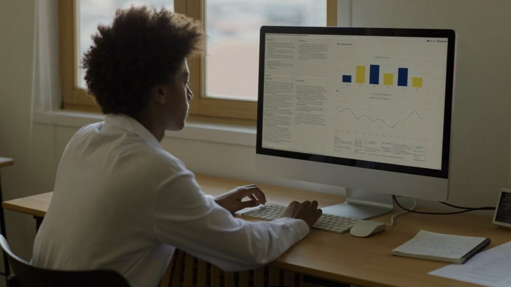 Gestor de trafego analisando graficos de campanha no monitor de uma agencia
