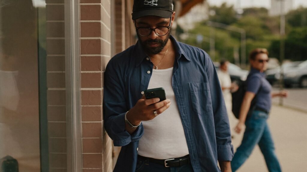 Dono de comercio local conferindo no celular como o negocio aparece na busca
