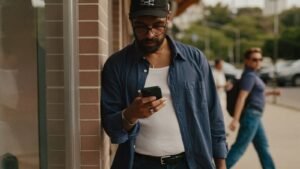 Dono de comercio local conferindo no celular como o negocio aparece na busca