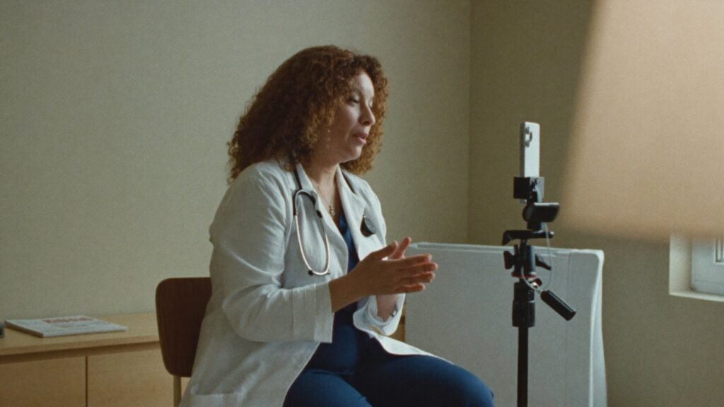 Medica gravando um video curto para as redes no consultorio