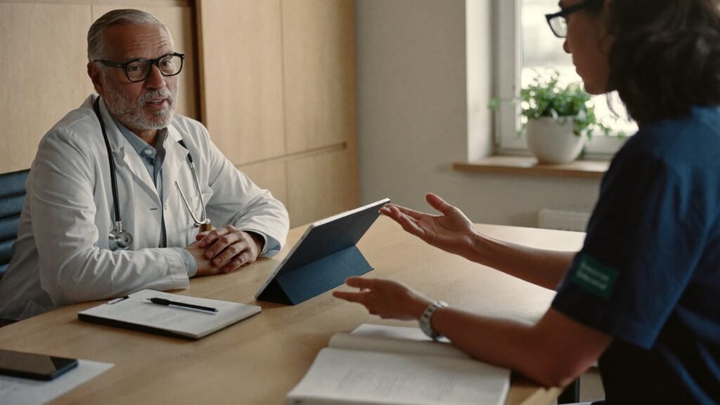Medico e profissional de marketing conversando no consultorio