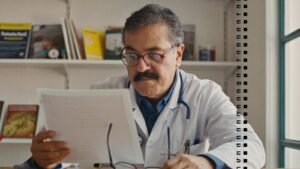 Medico lendo com atencao um documento sobre normas de publicidade