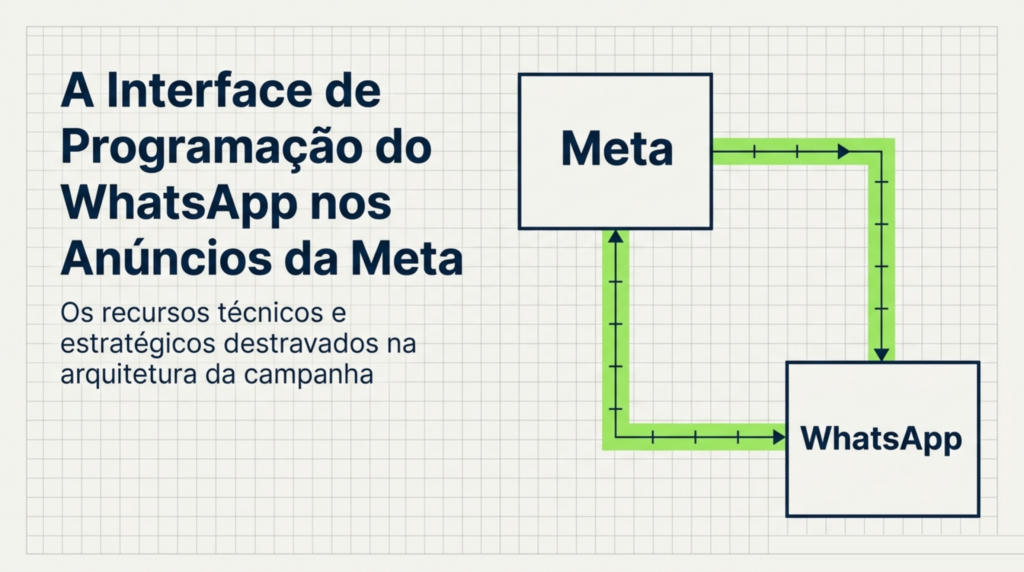 Diagrama com dois blocos ligados por um circuito de mão dupla, representando a troca de informação entre a plataforma de anúncios e o aplicativo de mensagens