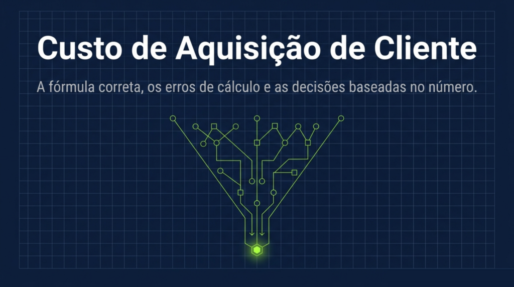 Trilha de circuito em que vários caminhos de aquisição convergem para um único ponto luminoso, representando o custo de conquistar um cliente