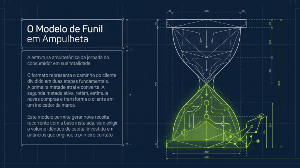 Modelo de funil ampulheta desenhado em duas metades espelhadas, com a metade de cima de aquisição e a metade de baixo de retenção
