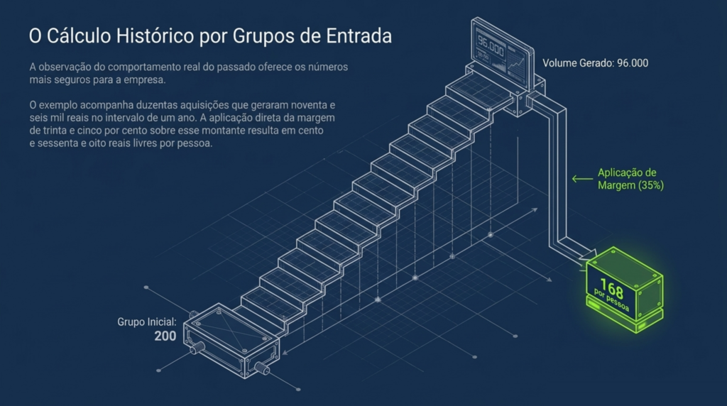 Escada que acompanha um grupo de duzentos clientes até o volume de receita gerado no período, com a margem aplicada ao final para chegar ao valor livre por pessoa