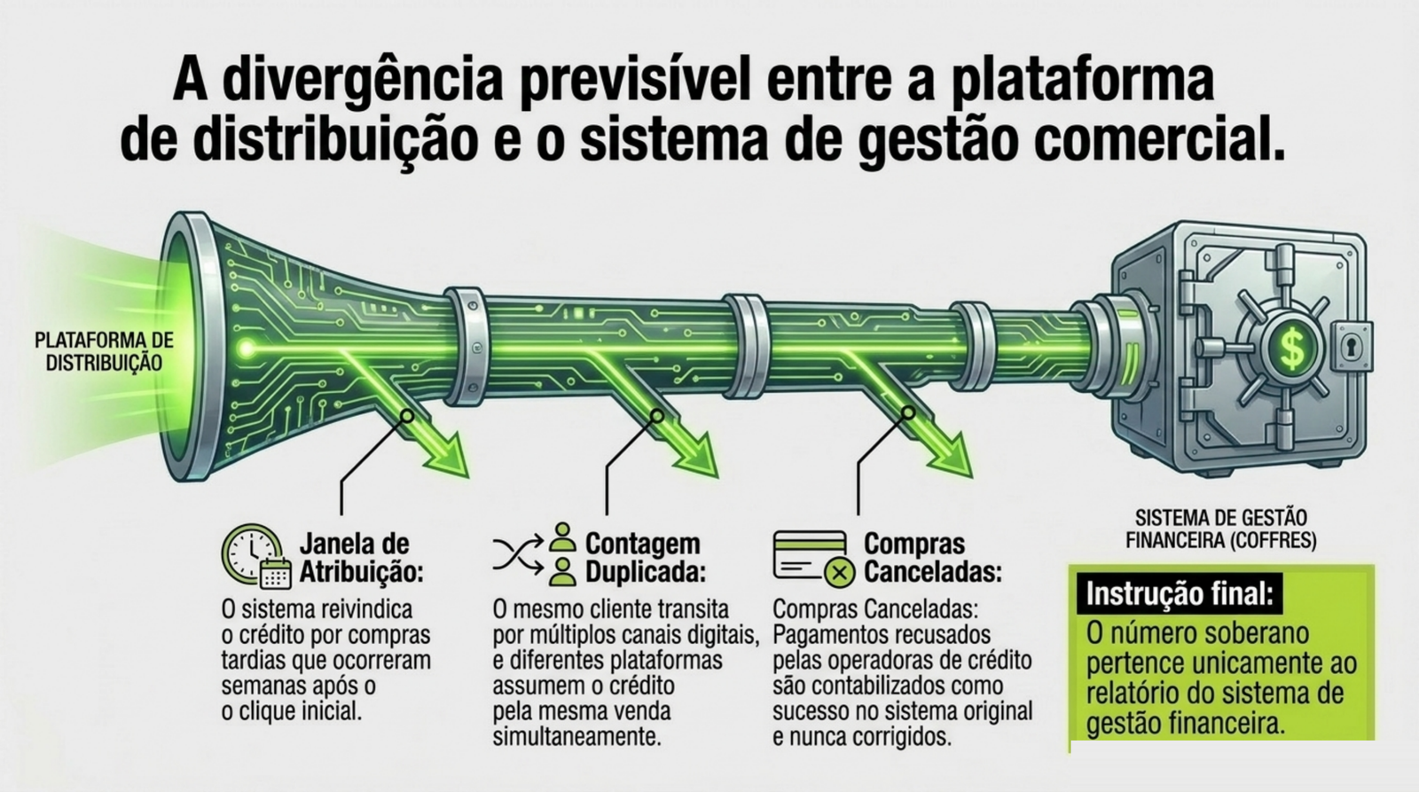 Tubulação que sai da plataforma de distribuição rumo ao cofre do sistema financeiro, com três desvios que representam a janela de atribuição, a contagem duplicada e as compras canceladas.