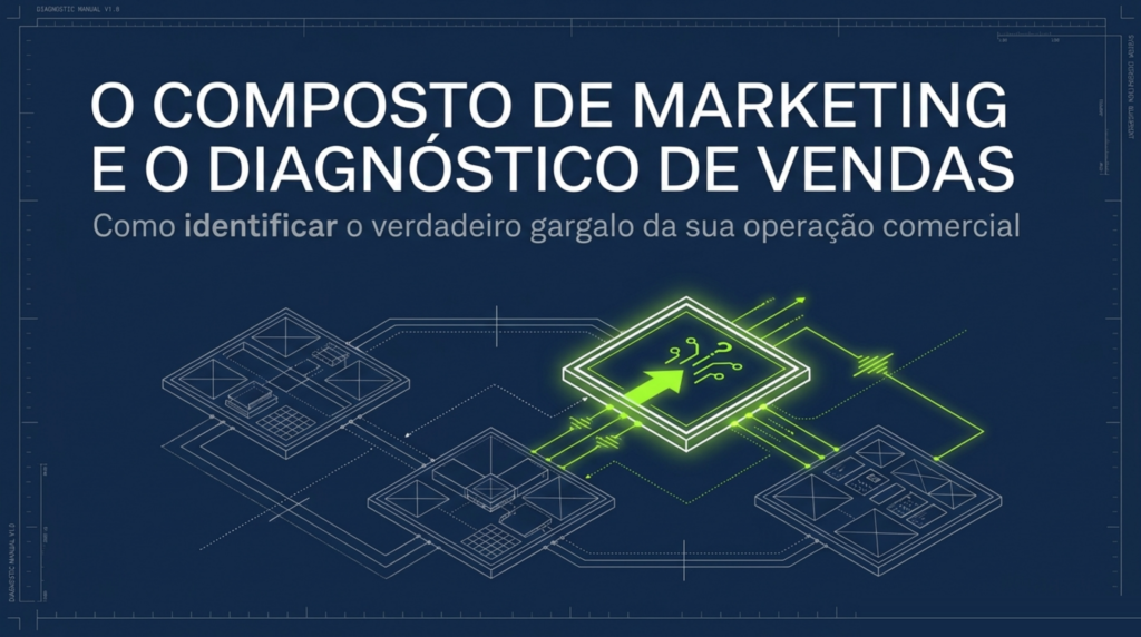 Cartão de abertura sobre o composto de marketing usado como diagnóstico de vendas, com placas técnicas ligadas a um módulo central em destaque