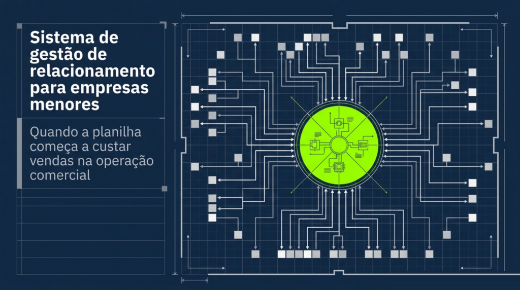 Diagrama técnico com dezenas de linhas convergindo para um núcleo verde central sobre fundo azul-marinho, capa do artigo CRM para empresa pequena: quando a planilha começa a custar venda, da HDP BRASIL