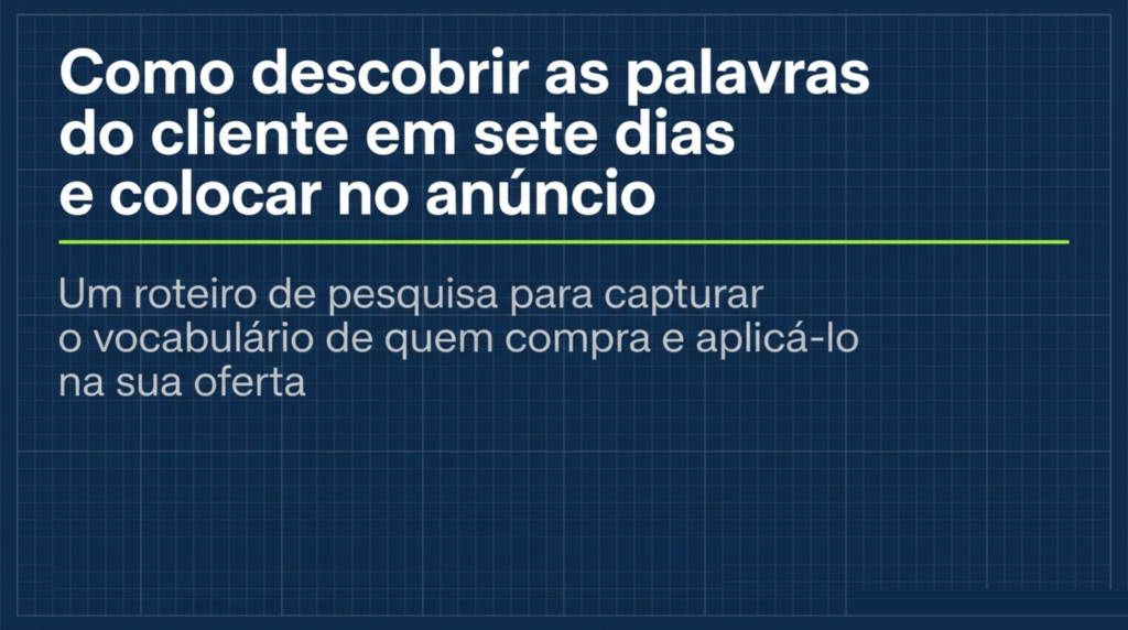 Fundo azul-marinho quadriculado com o título Como descobrir as palavras do cliente em sete dias e colocar no anúncio, capa do artigo da HDP BRASIL
