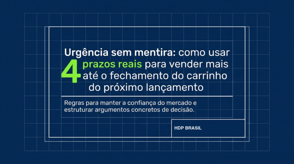Moldura técnica em fundo azul-marinho com o título Urgência sem mentira: como usar 4 prazos reais para vender mais até o fechamento do carrinho do próximo lançamento, capa do artigo da HDP BRASIL
