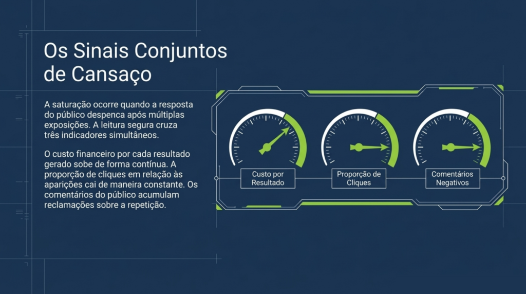 Três mostradores em traço verde-limão sobre fundo azul-marinho, para custo por resultado, proporção de cliques e comentários negativos, sob o título Os sinais conjuntos de cansaço, capa do artigo da HDP BRASIL