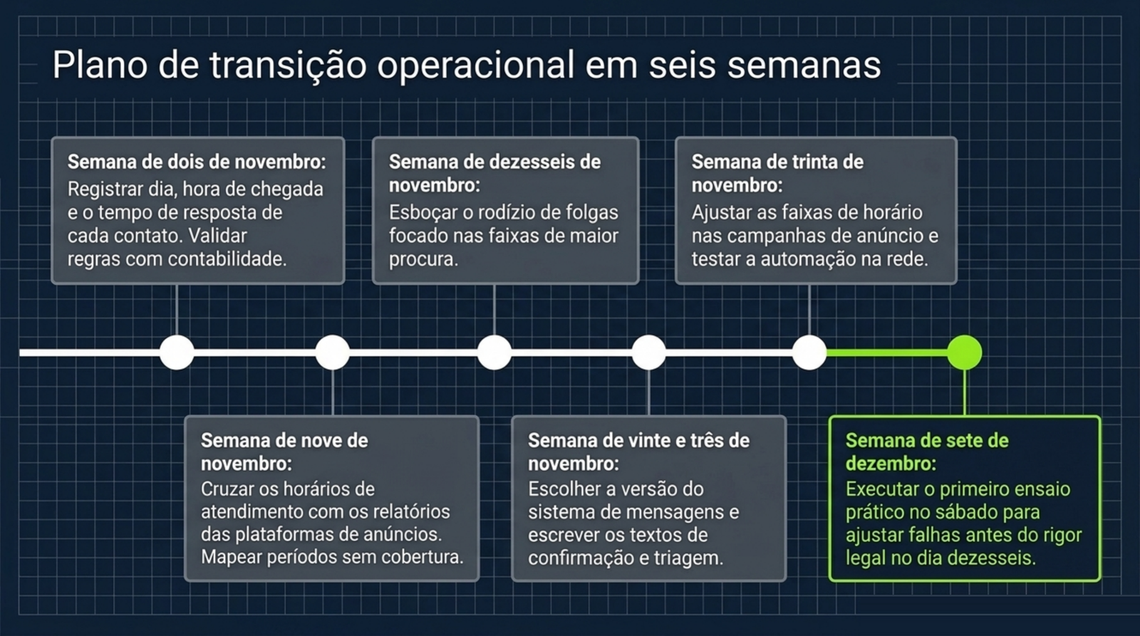 Linha do tempo com as seis semanas de 2 de novembro a 7 de dezembro, cada uma com a tarefa da semana.