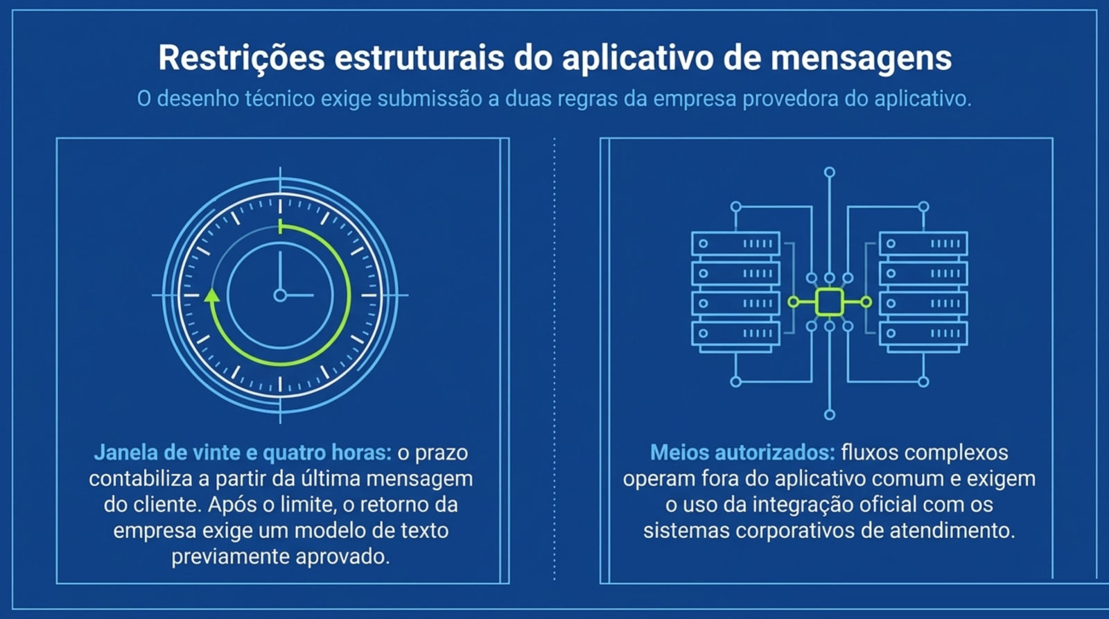 Dois quadros: um relógio com a janela de vinte e quatro horas e um diagrama de servidores com os meios autorizados de integração.