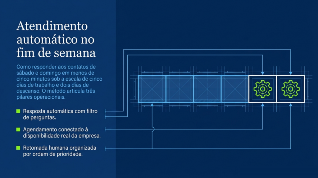 Diagrama técnico em azul-marinho com engrenagens verde-limão e o título Atendimento automático no fim de semana, capa do artigo da HDP BRASIL