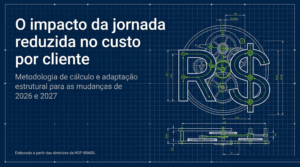 Cifrão do real desenhado com engrenagens em traço técnico verde-limão sobre fundo azul-marinho, com o título O impacto da jornada reduzida no custo por cliente, capa do artigo da HDP BRASIL