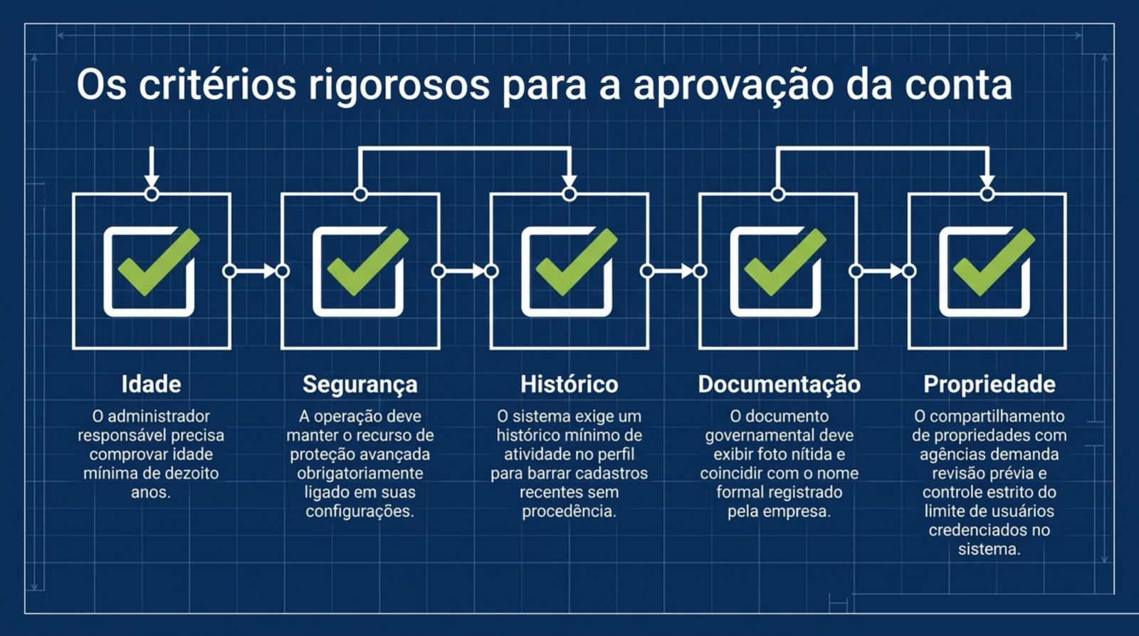 Cinco caixas de verificação em sequência: idade, segurança da conta, histórico de atividade, documento oficial e propriedade dos ativos.